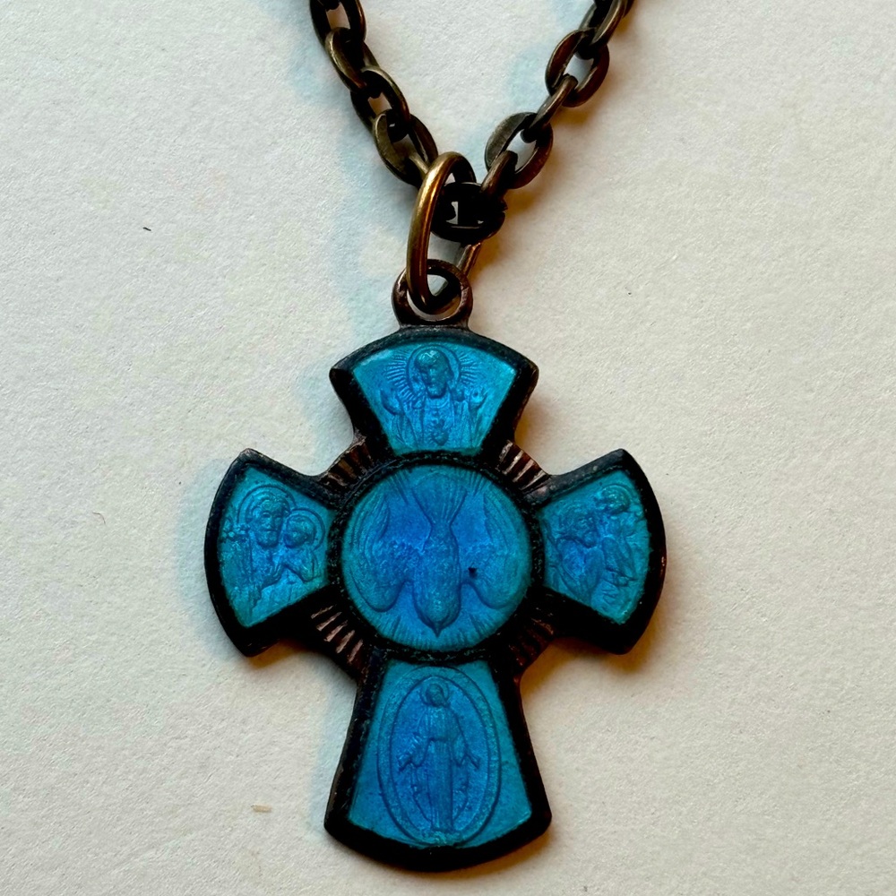 Vintage Blue Enamel Cross Necklace
